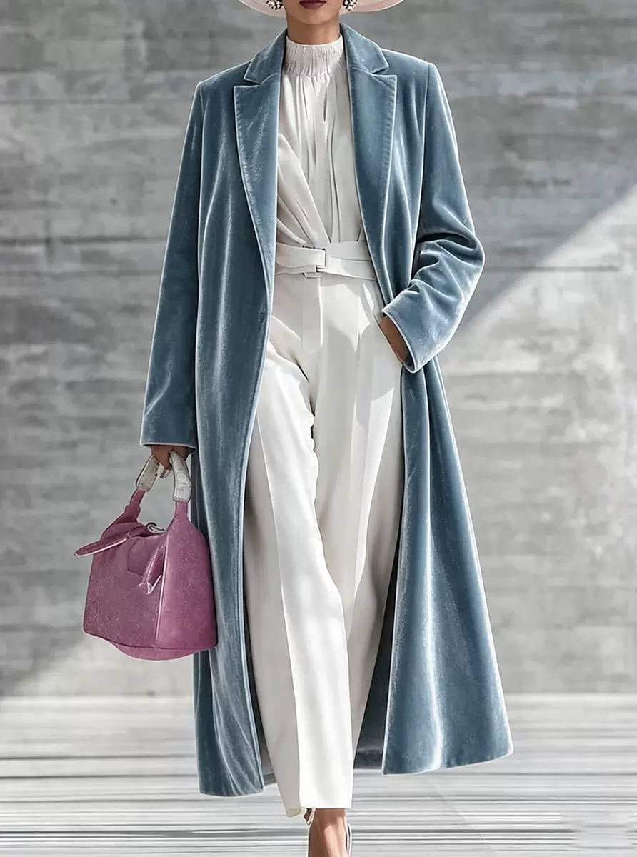 Longline Notched Lapel Coat With Long Sleeves – Light Blue