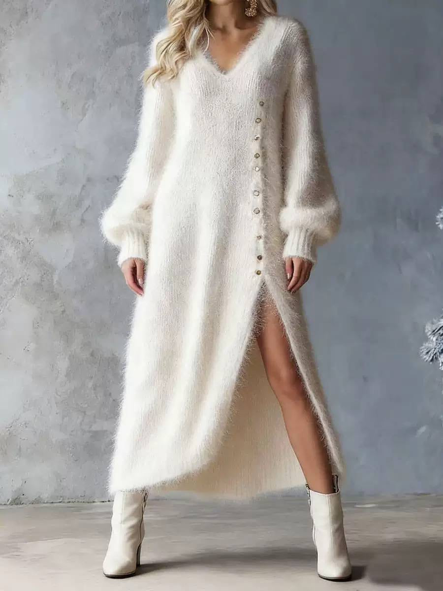 V-Neck Balloon Sleeve Maxi Dress With Button Detail – Ivory