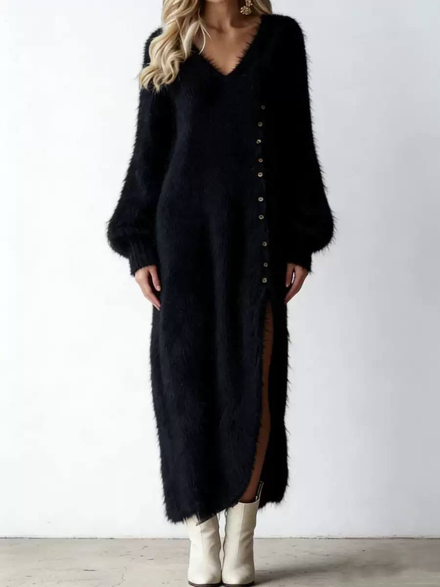 V-Neck Balloon Sleeve Maxi Dress With Button Detail – Black