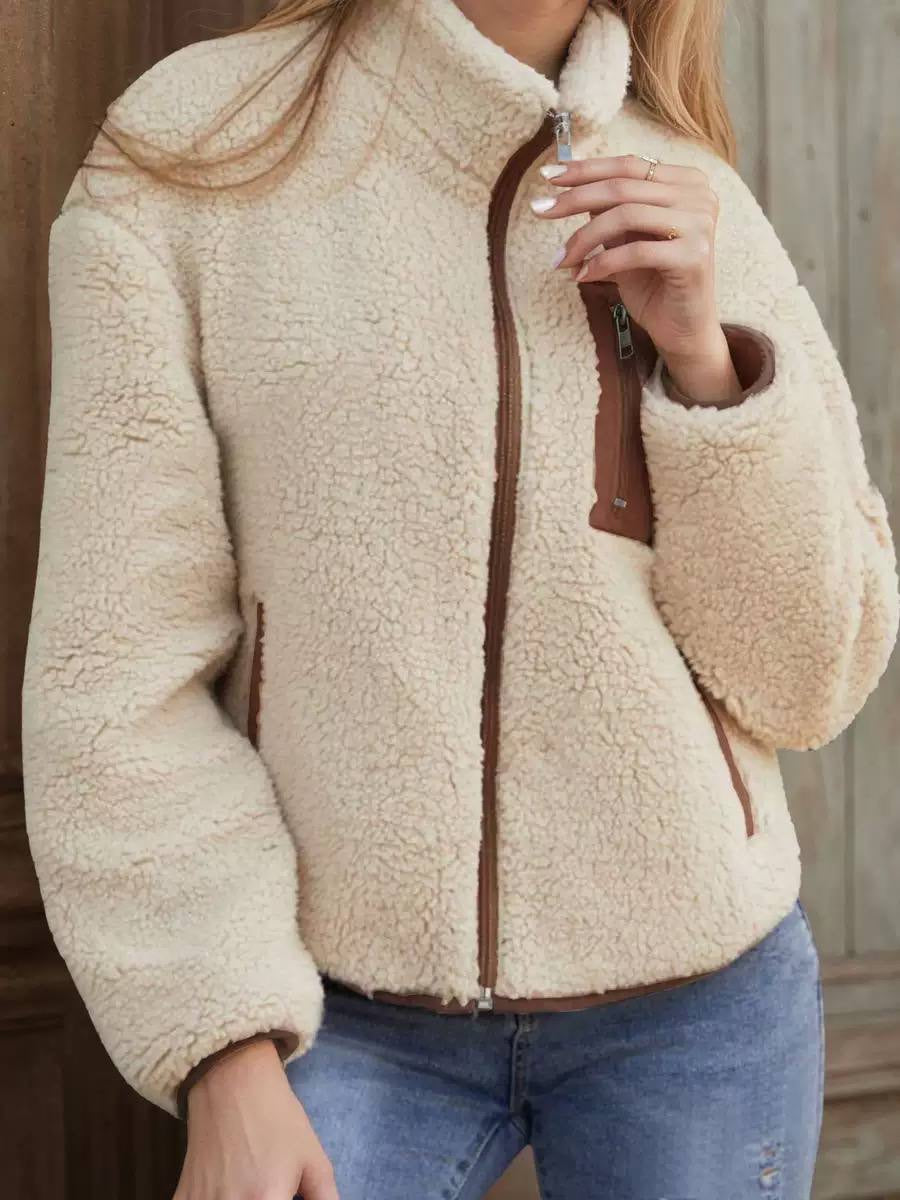 Textured Zip-Front Jacket With Contrast Chest Pocket – Cream