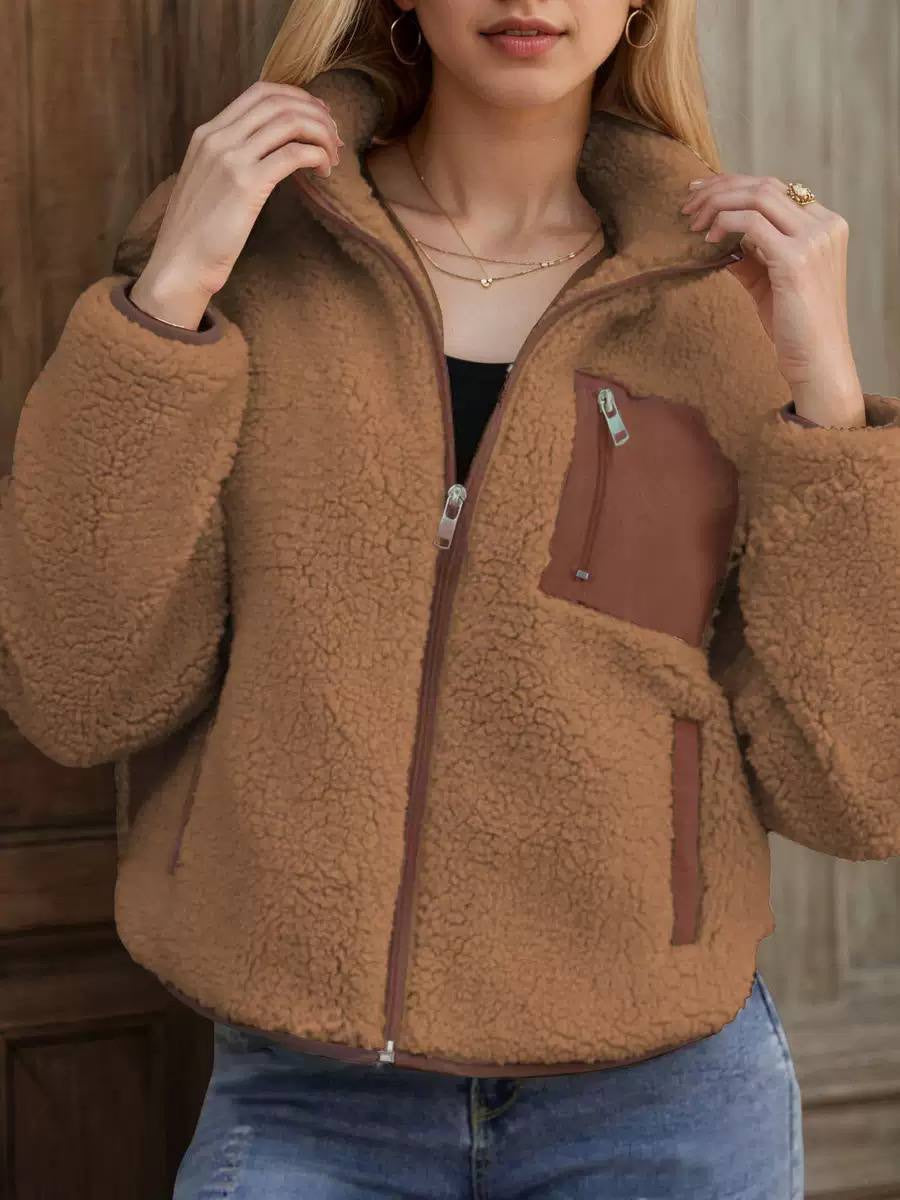 Textured Zip-Front Jacket With Contrast Chest Pocket – Camel