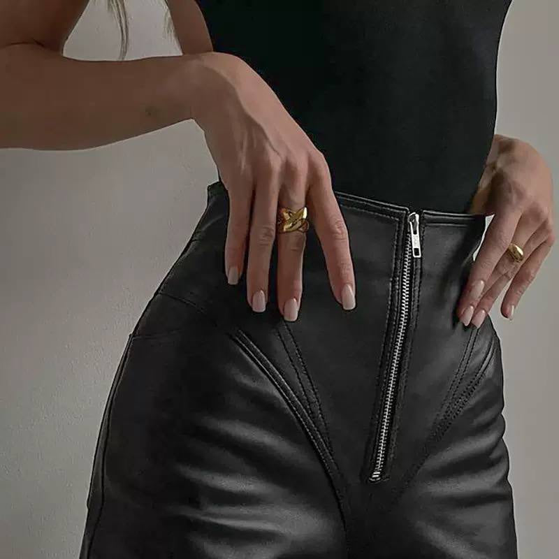 High-Waisted Slim-Leg Pants With Exposed Front Zipper – Black