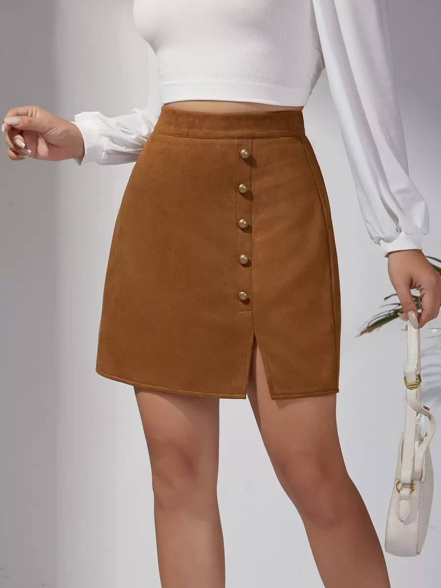 High-Waisted Button-Detail Mini Skirt With Front Slit – Tan