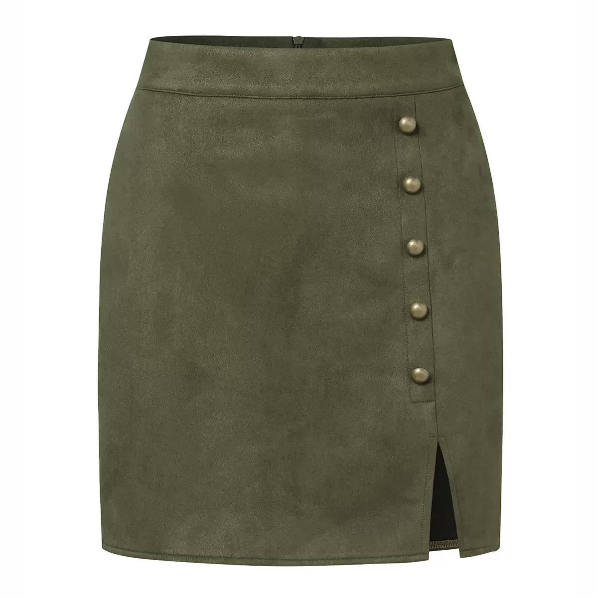 High-Waisted Button-Detail Mini Skirt With Front Slit – Olive
