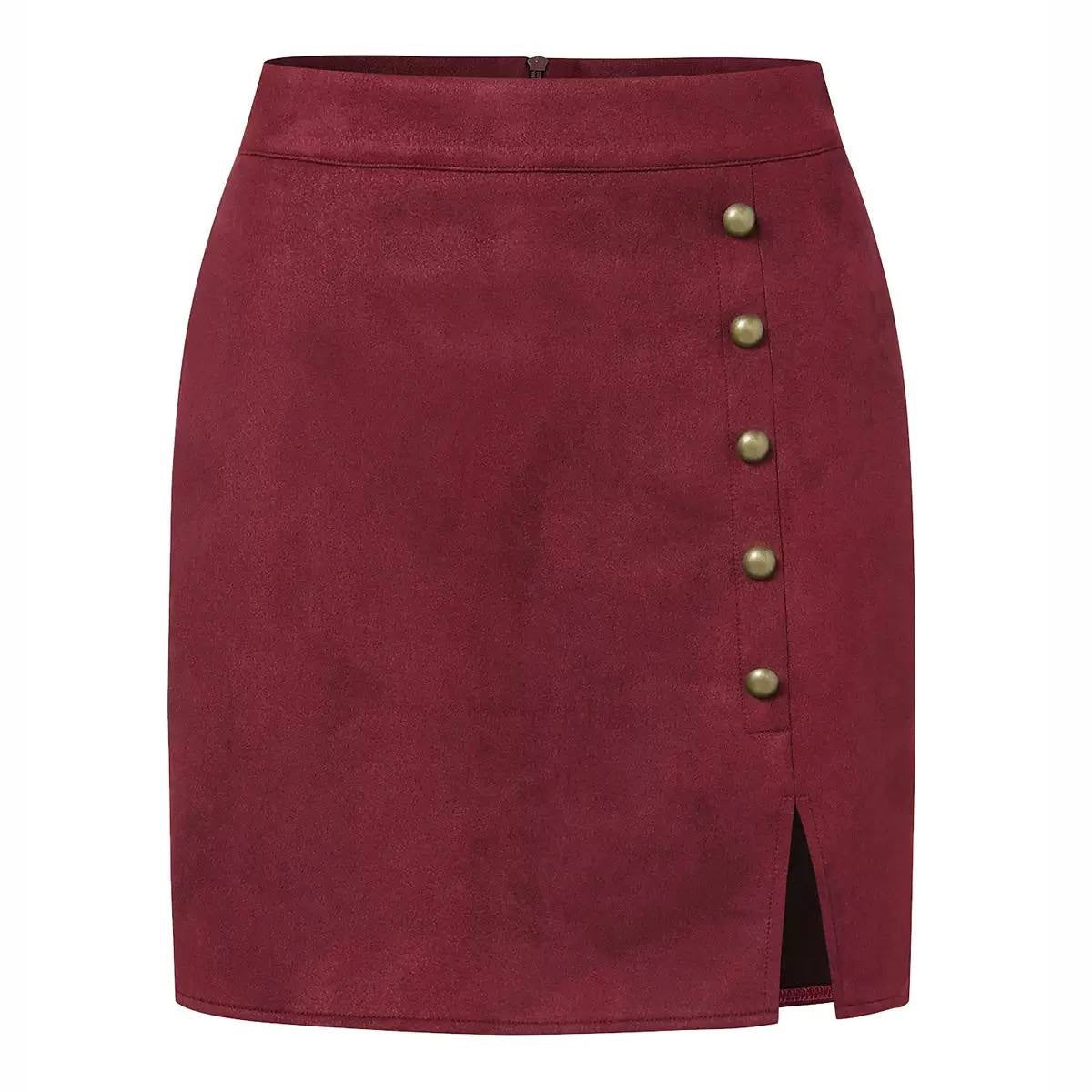 High-Waisted Button-Detail Mini Skirt With Front Slit – Burgundy