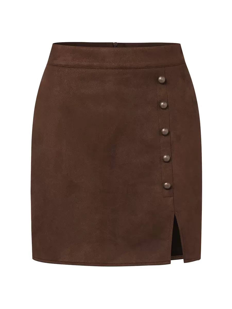 High-Waisted Button-Detail Mini Skirt With Front Slit – Brown