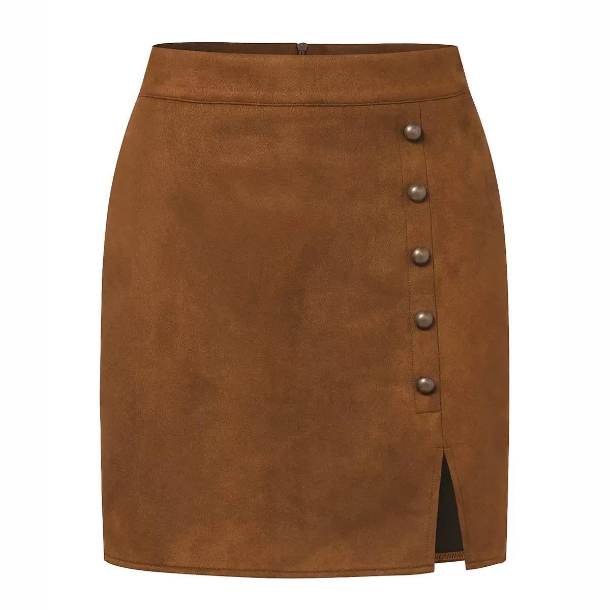 High-Waisted Button-Detail Mini Skirt With Front Slit – Tan