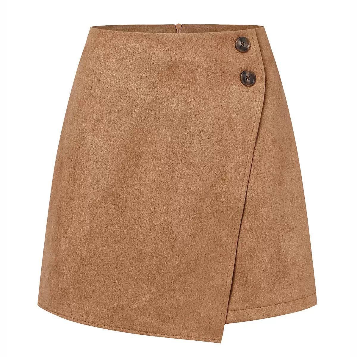 High-Waisted Wrap-Effect Mini Skirt With Button Detail – Tan