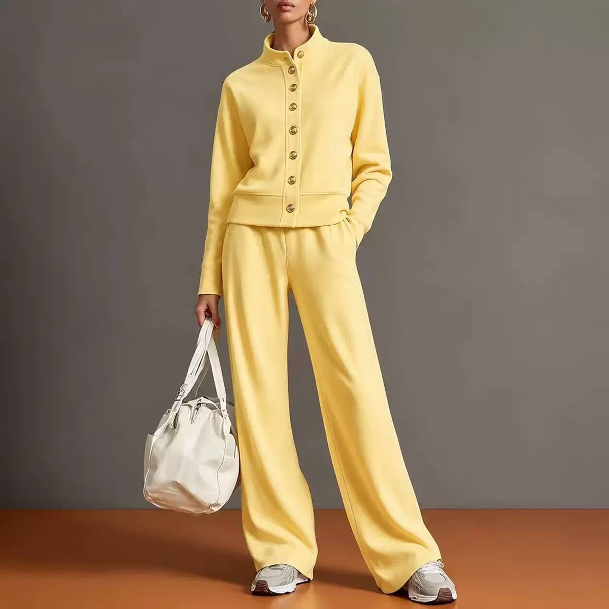 Stand Collar Button-Front Top And Wide-Leg Pants Set – Yellow