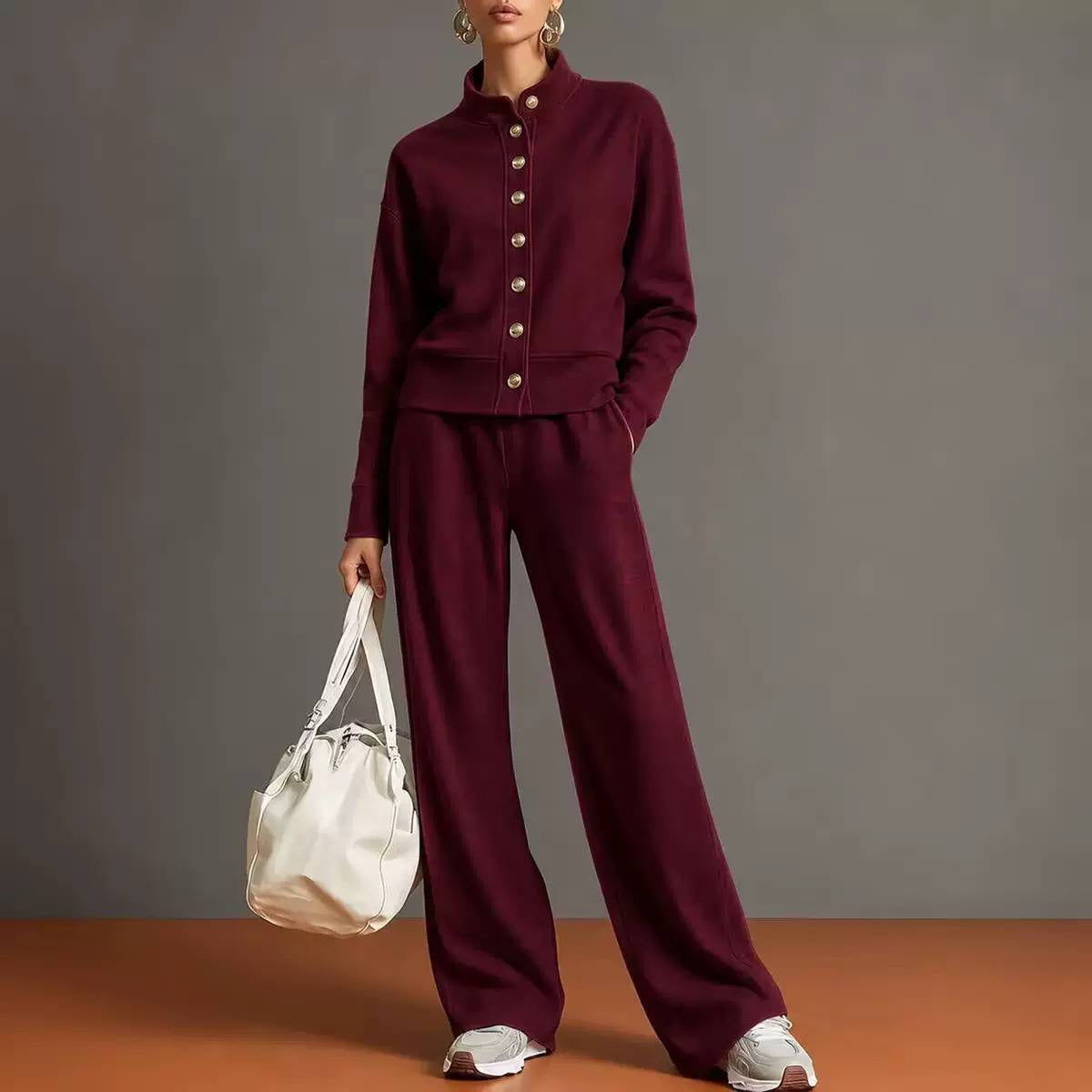 Stand Collar Button-Front Top And Wide-Leg Pants Set – Burgundy