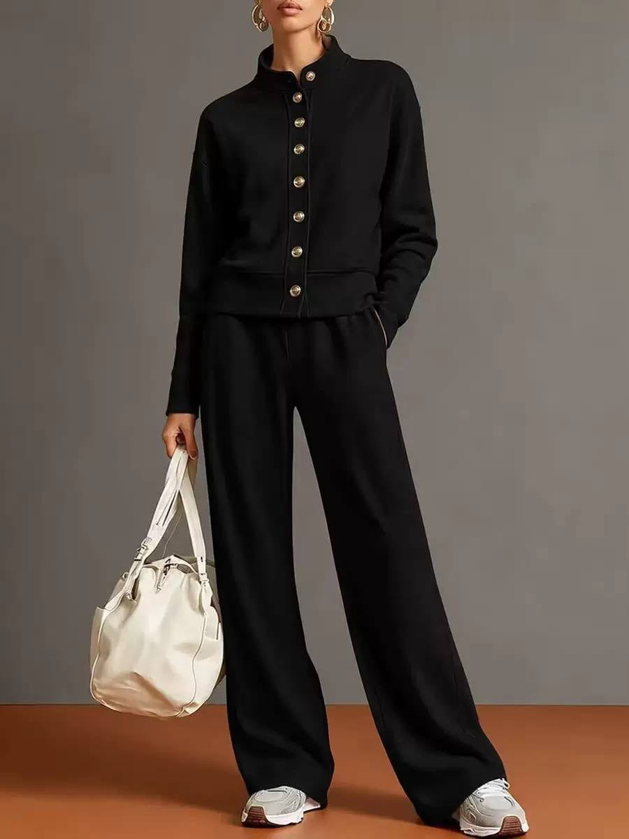 Stand Collar Button-Front Top And Wide-Leg Pants Set – Black