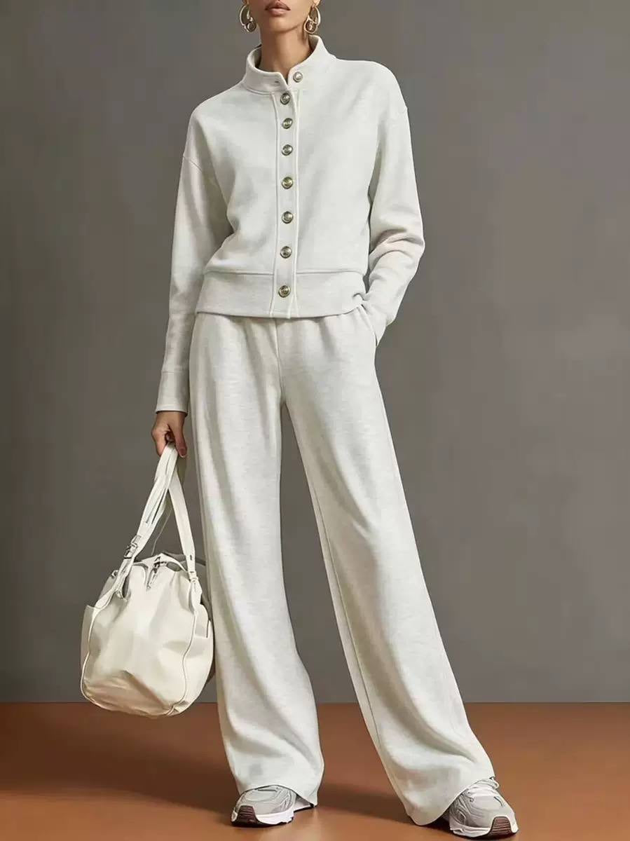Stand Collar Button-Front Top And Wide-Leg Pants Set – Off White