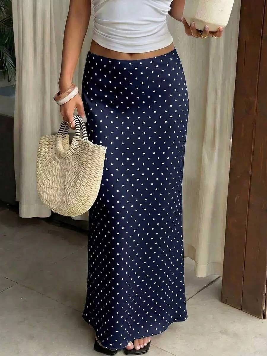 Polka Dot Maxi Skirt With a Flared Hem – Navy Polka Dot