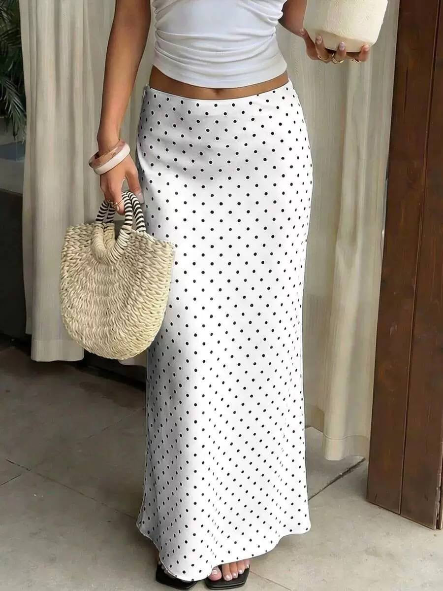 Polka Dot Maxi Skirt With a Flared Hem – White Polka Dot