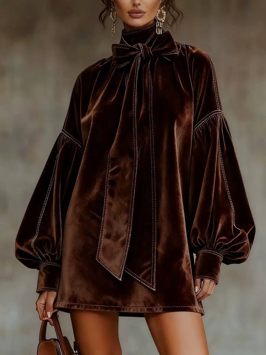 Bow Neck Mini Dress With Long Balloon Sleeves – Brown