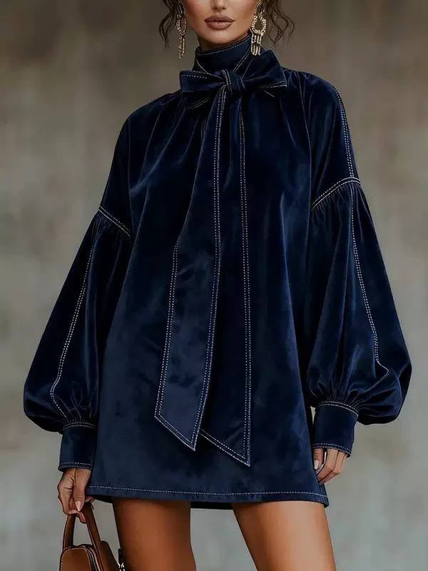 Bow Neck Mini Dress With Long Balloon Sleeves – Navy