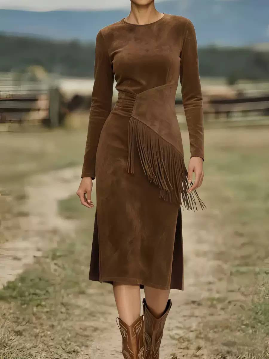 Long Sleeve Midi Dress With Asymmetric Fringe – Brown