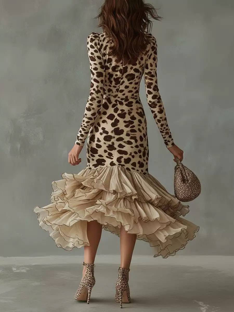Leopard Print V-Neck Dress With High-Low Ruffle Hem – Beige Leopard