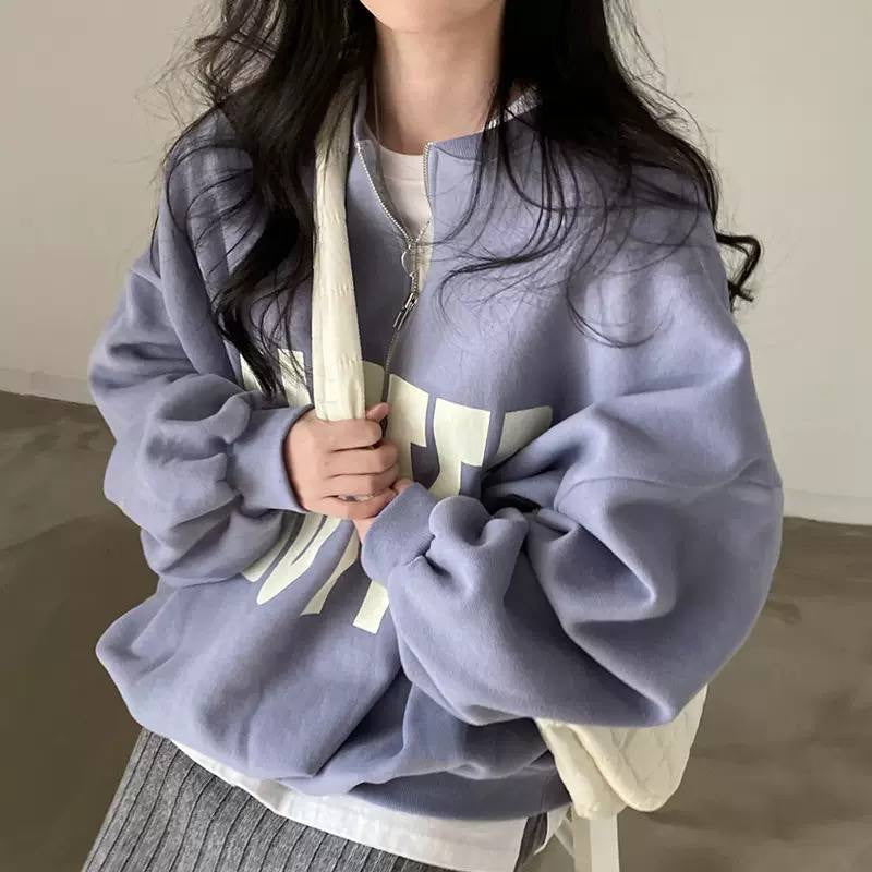 Oversized Half-Zip Sweatshirt With Drop Shoulders And Lettering – Lavender