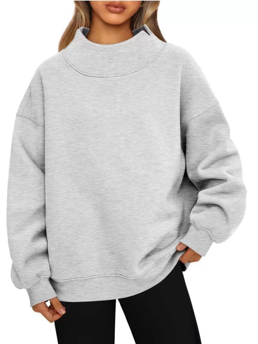 Relaxed High Neck Sweatshirt With Dropped Shoulders – Light Grey
