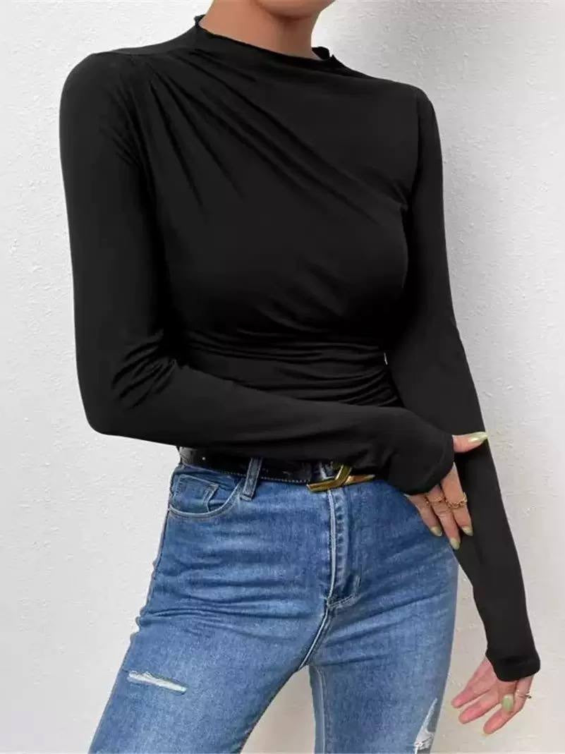 Draped High Neck Long Sleeve Ruched Top – Black