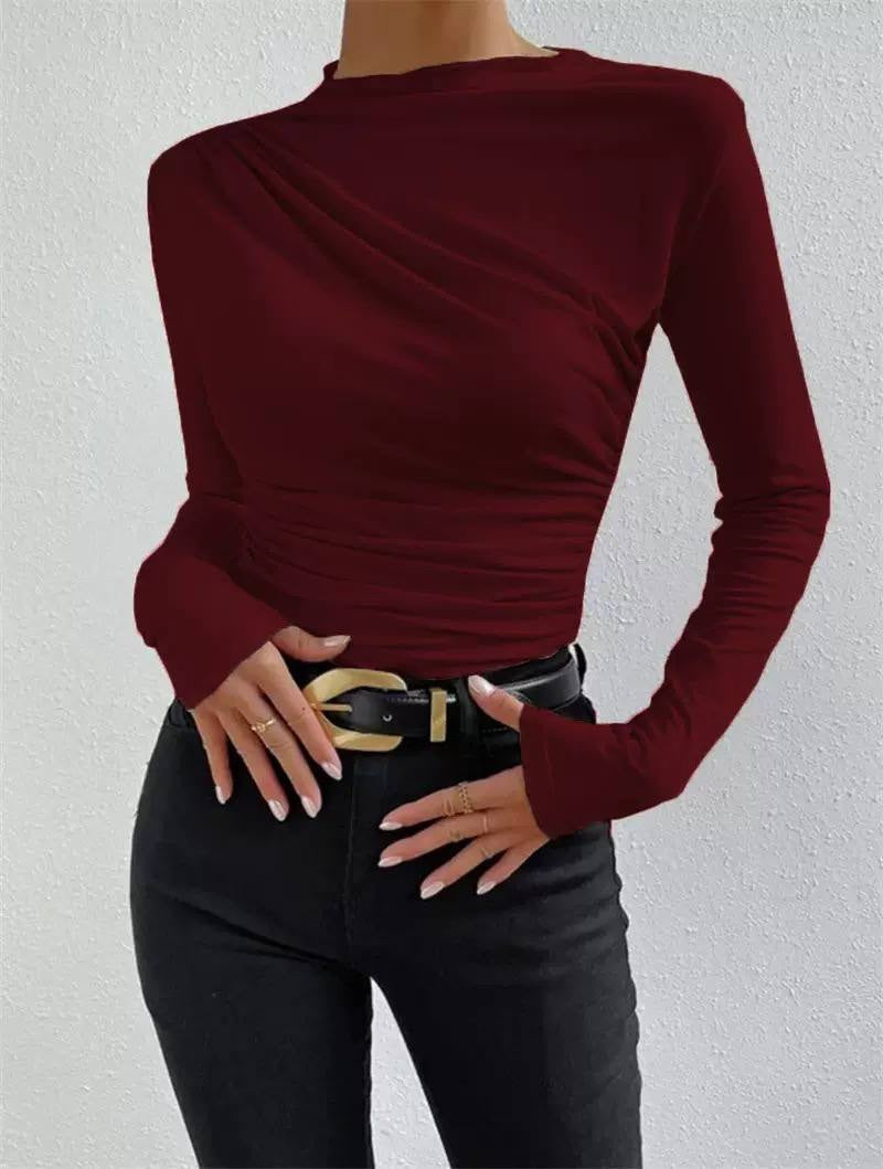 Draped High Neck Long Sleeve Ruched Top – Burgundy