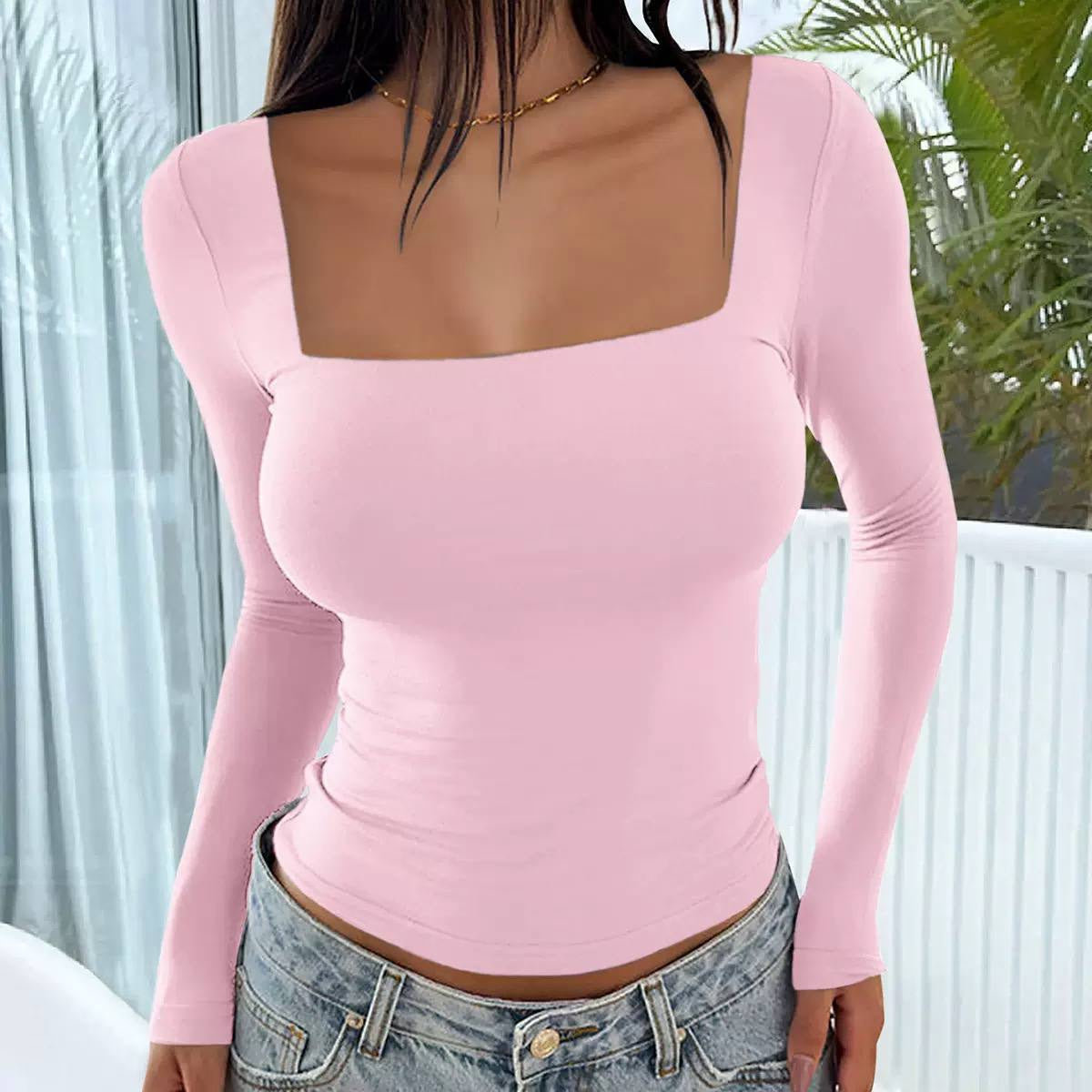Square Neck Fitted Top With Long Sleeves – Pink