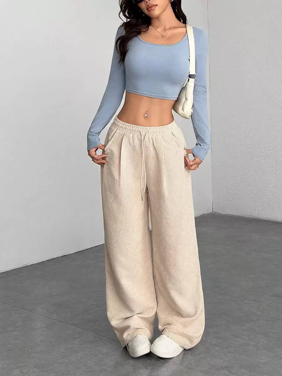 Ribbed Wide-Leg Drawstring Pants With Side Pockets – Beige