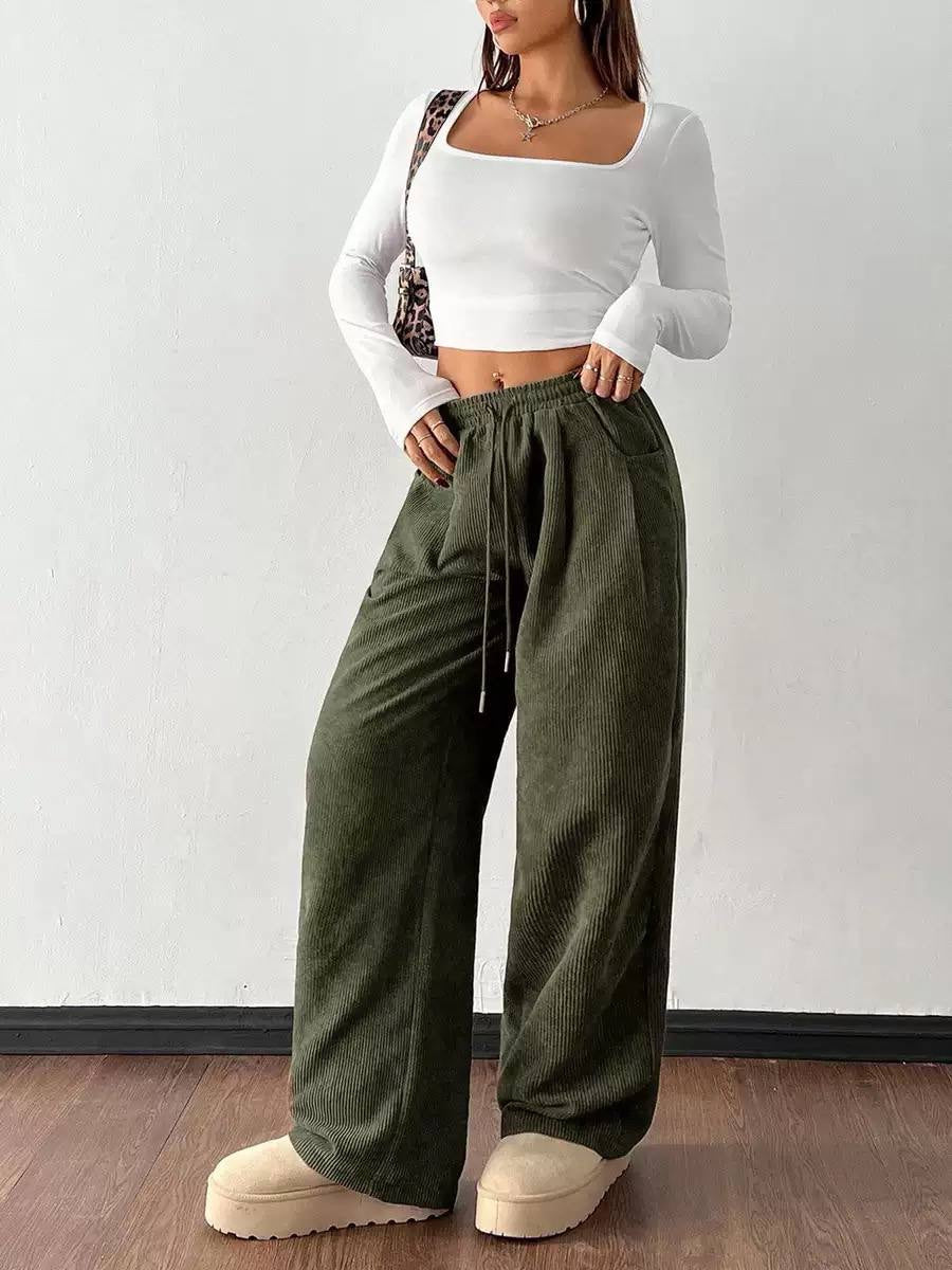 Ribbed Wide-Leg Drawstring Pants With Side Pockets – Olive Green