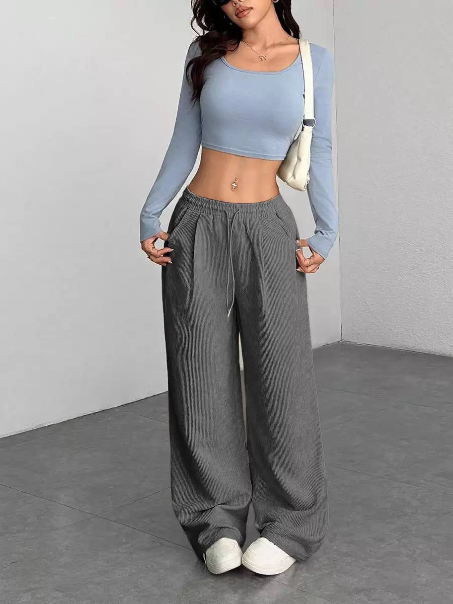 Ribbed Wide-Leg Drawstring Pants With Side Pockets – Grey