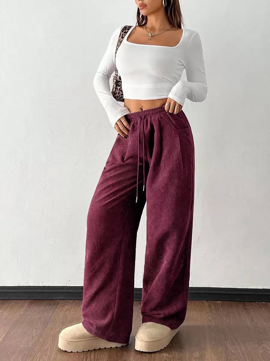 Ribbed Wide-Leg Drawstring Pants With Side Pockets – Burgundy