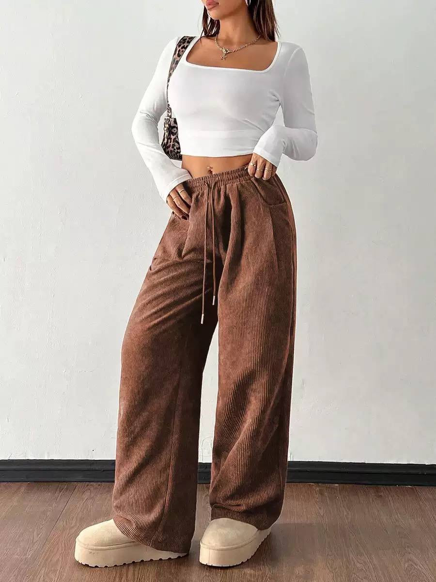 Ribbed Wide-Leg Drawstring Pants With Side Pockets – Brown