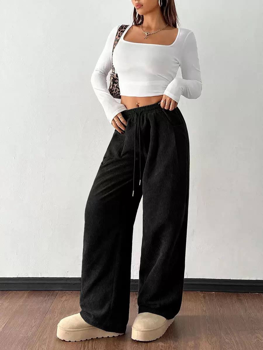 Ribbed Wide-Leg Drawstring Pants With Side Pockets – Black