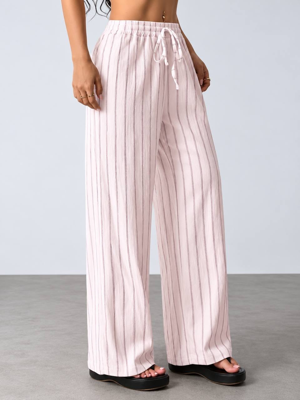 Striped Wide-Leg Pants With Elastic Drawstring Waist – Pink Striped