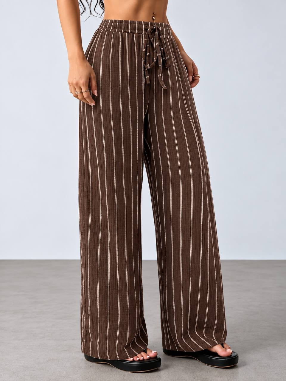 Striped Wide-Leg Pants With Elastic Drawstring Waist – Brown Striped