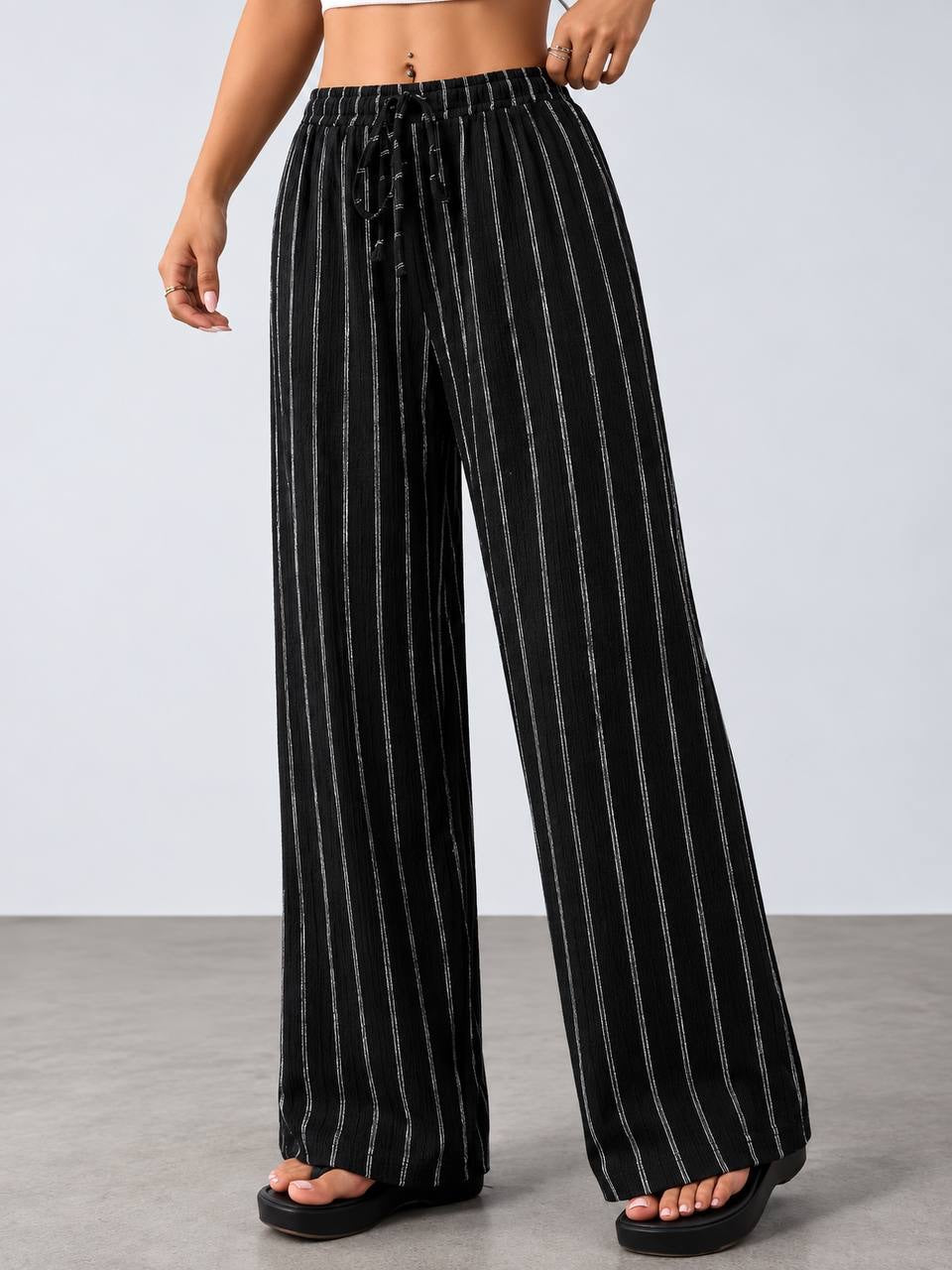 Striped Wide-Leg Pants With Elastic Drawstring Waist – Black Striped