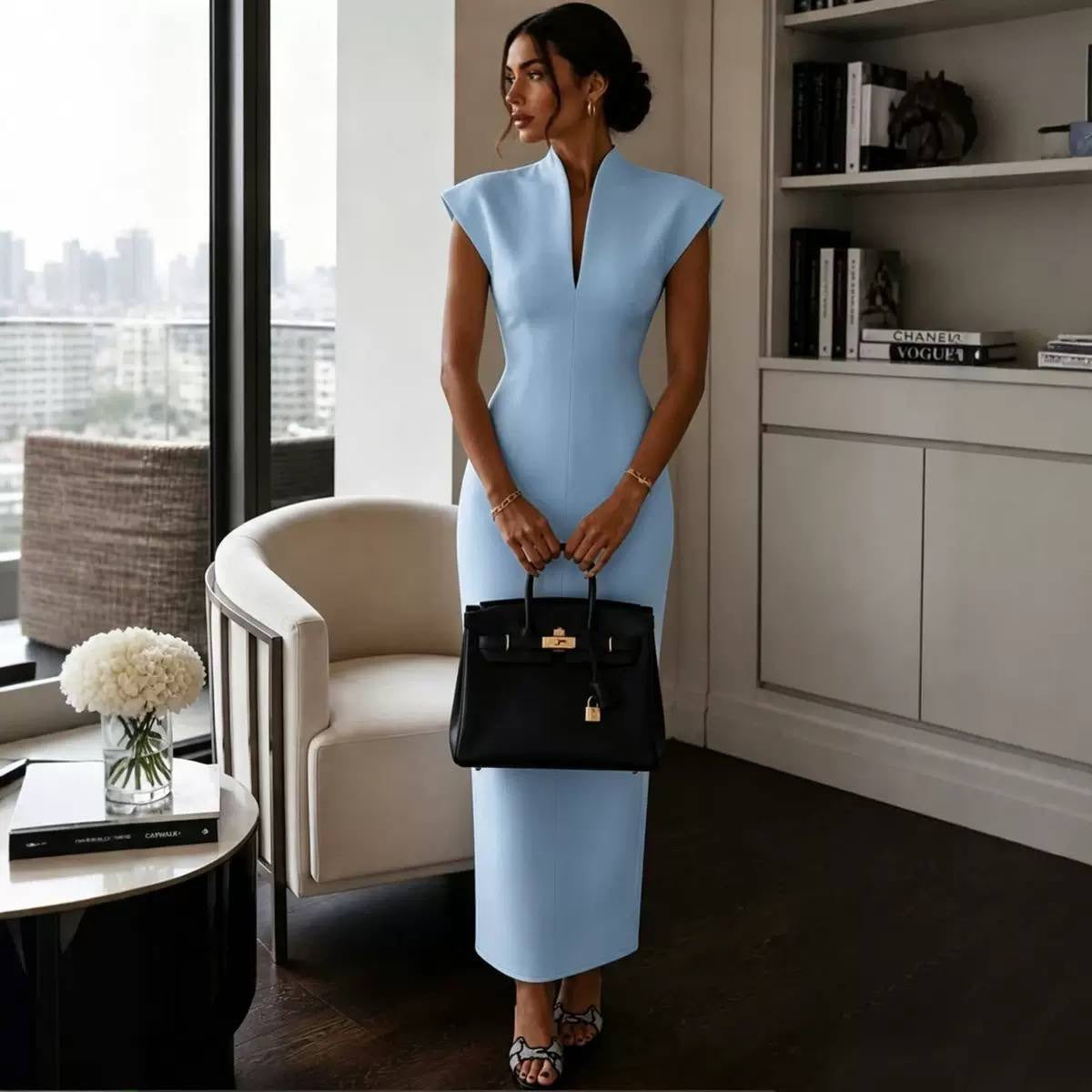 Structured Cap Sleeve Maxi Dress With Split Neckline – Light Blue