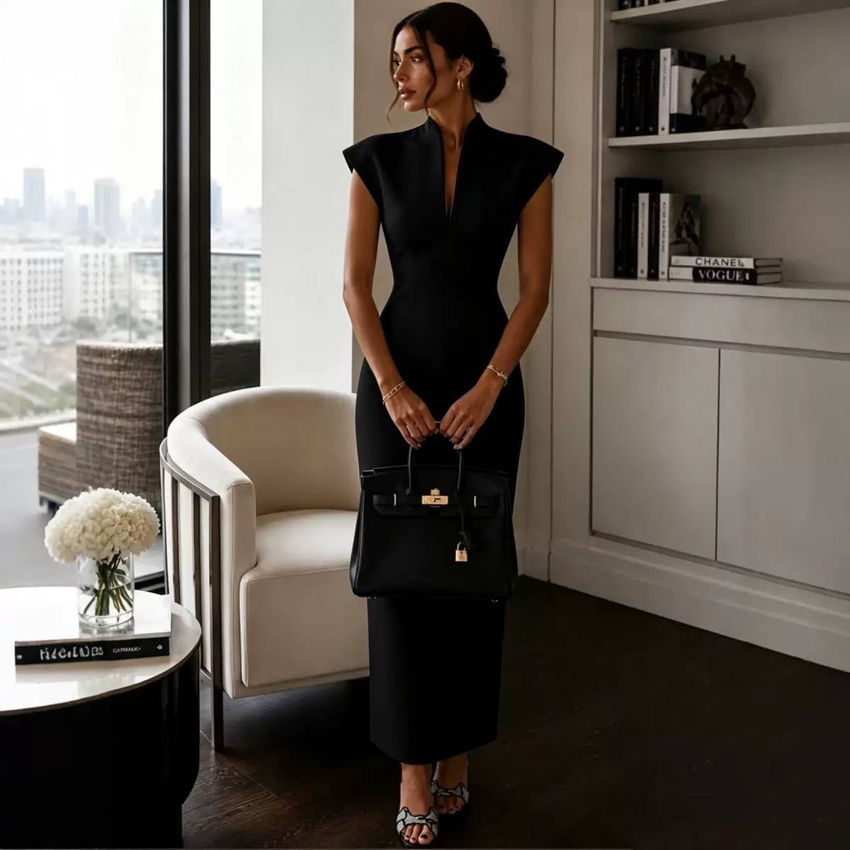 Structured Cap Sleeve Maxi Dress With Split Neckline – Black
