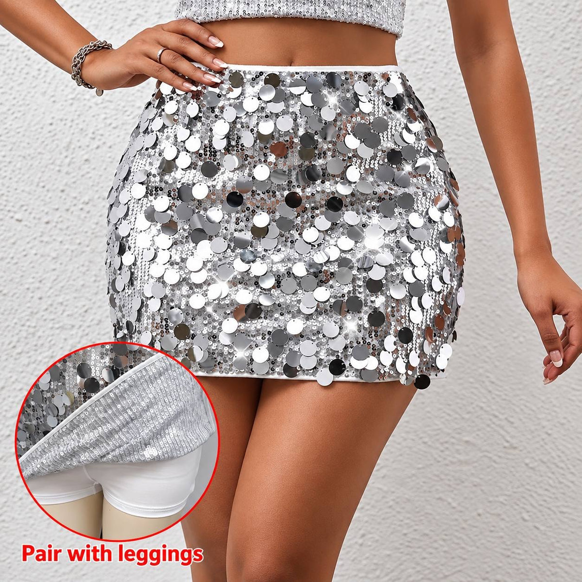 High Waisted Disc Sequin Fitted Mini Skirt – Silver