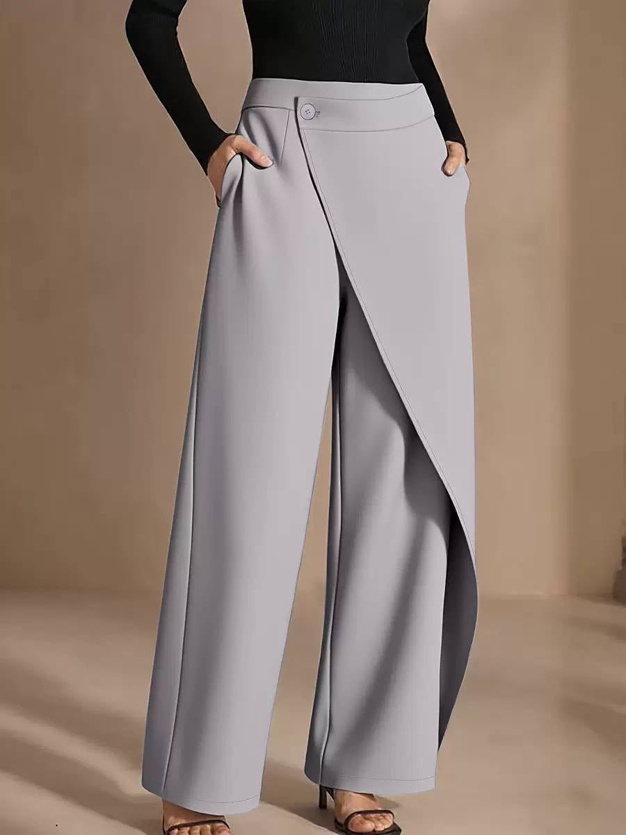 High-Waisted Wide-Leg Pants With Asymmetric Front Overlay – Light Grey