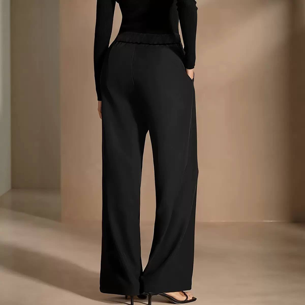 High-Waisted Wide-Leg Pants With Asymmetric Front Overlay – Black