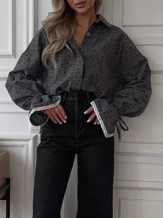 Heart Print Button-Front Blouse With Lace-Trimmed Cuffs – Grey Heart Print