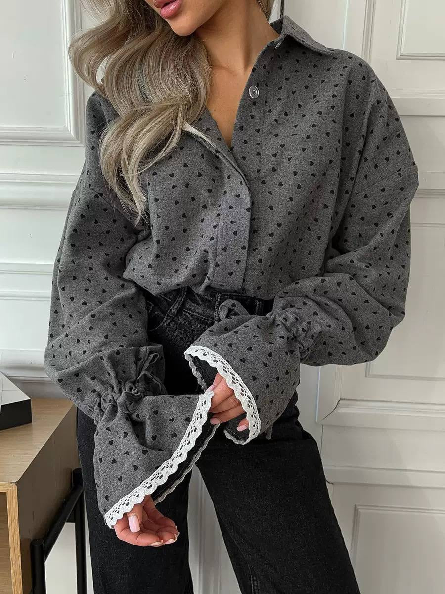 Heart Print Button-Front Blouse With Lace-Trimmed Cuffs – Grey Heart Print