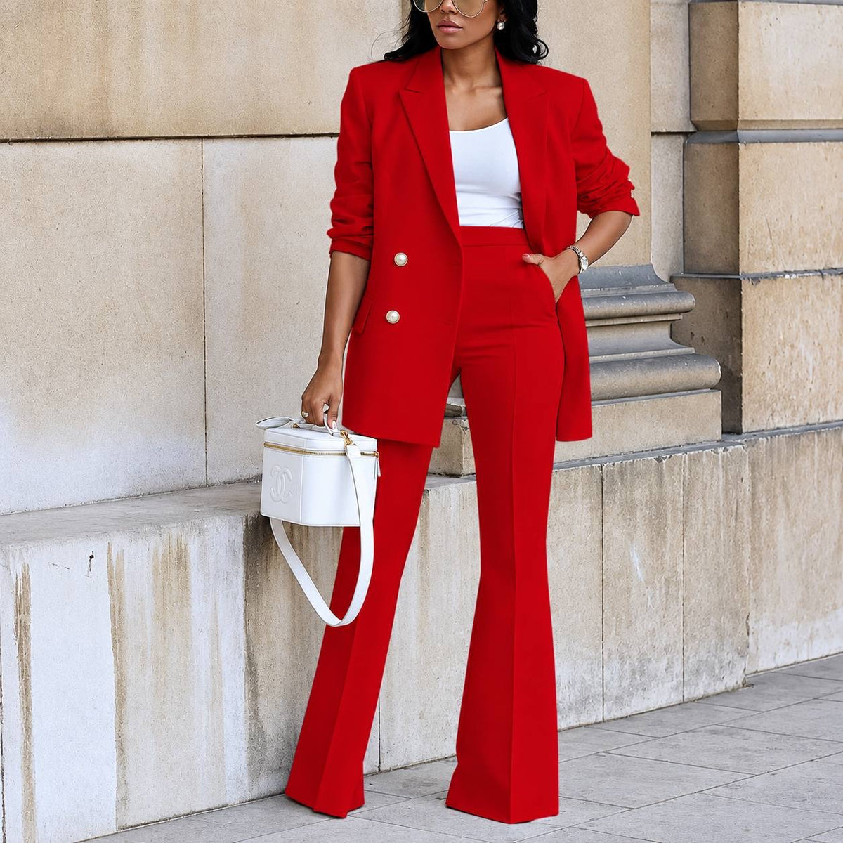 Double-Breasted Blazer And Flared Pants Set – Red