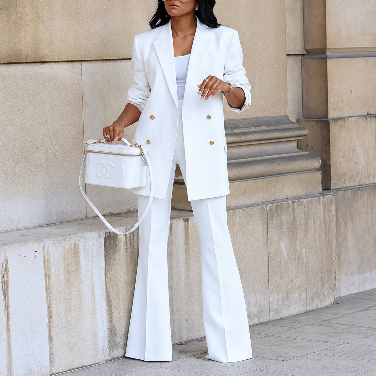 Double-Breasted Blazer And Flared Pants Set – White