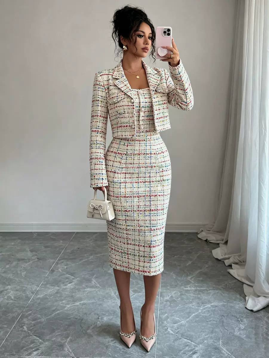 Textured Fitted Two-Piece Set With Button Details – Multicolour Check