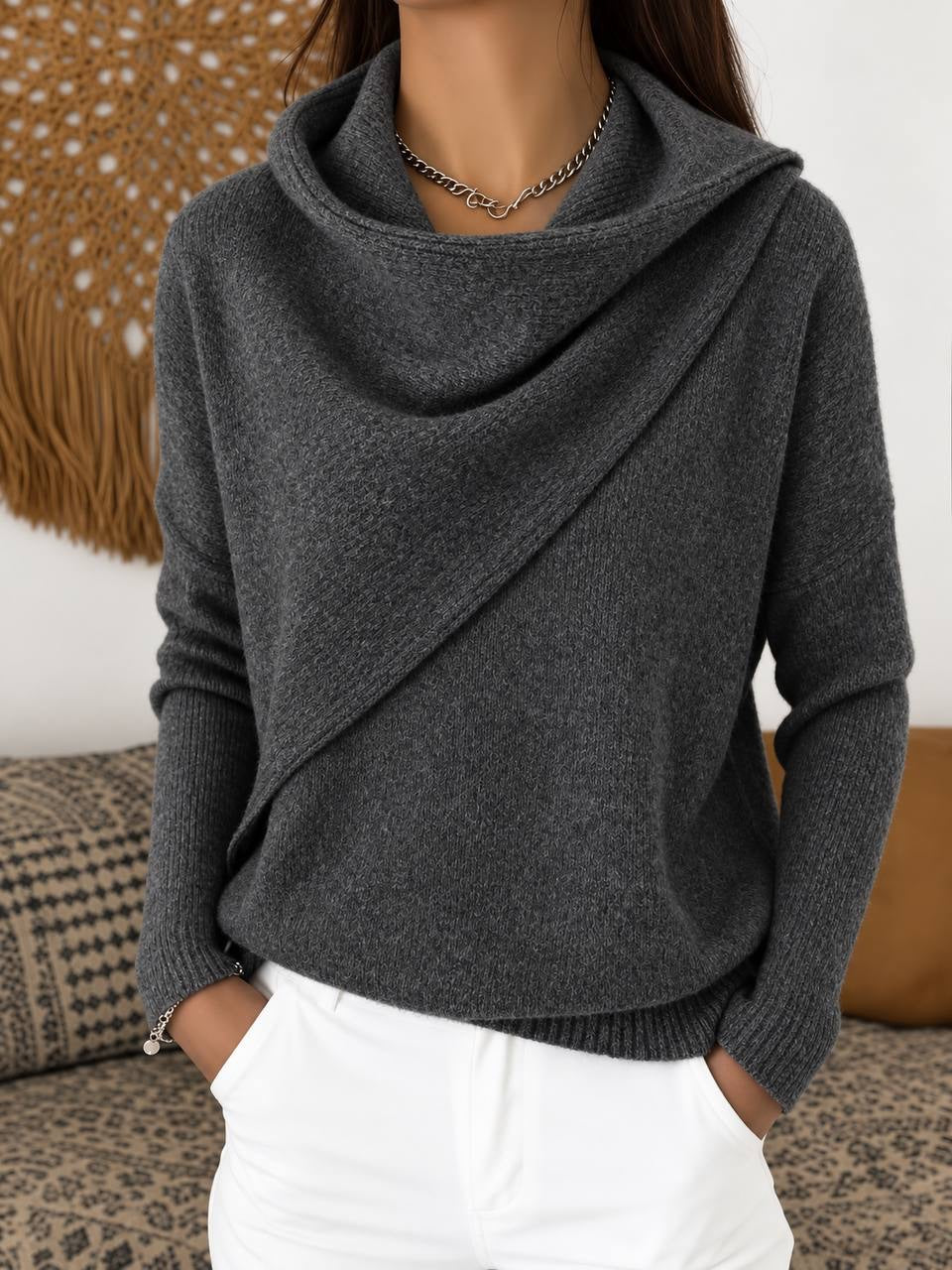 Draped Cowl Neck Sweater With Asymmetric Front Detail – Dark Grey