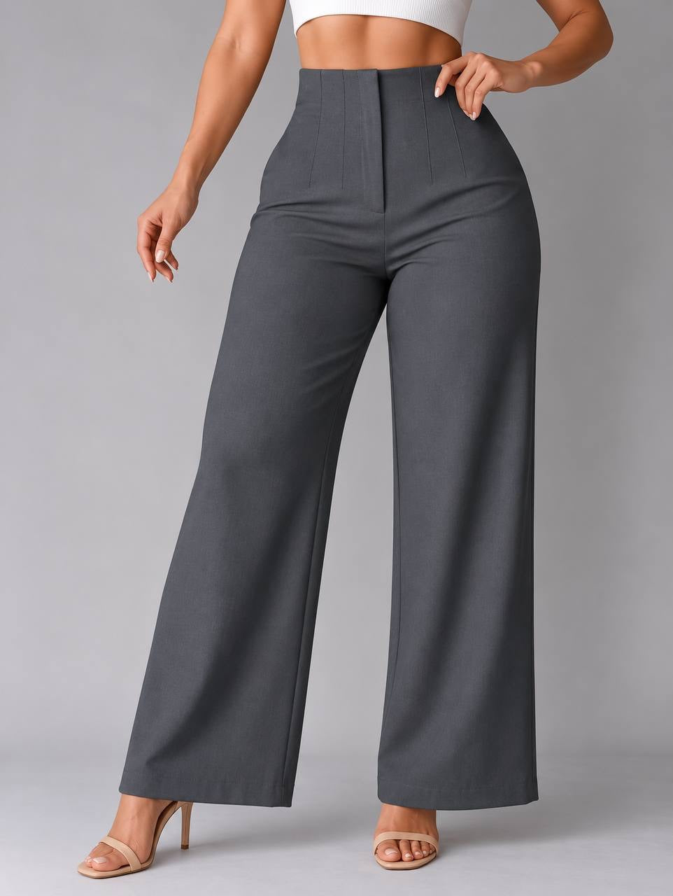 High-Waisted Wide-Leg Pants With Front Seam Details – Dark Grey