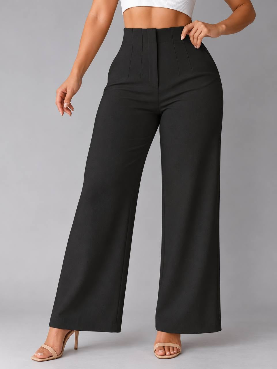 High-Waisted Wide-Leg Pants With Front Seam Details – Black