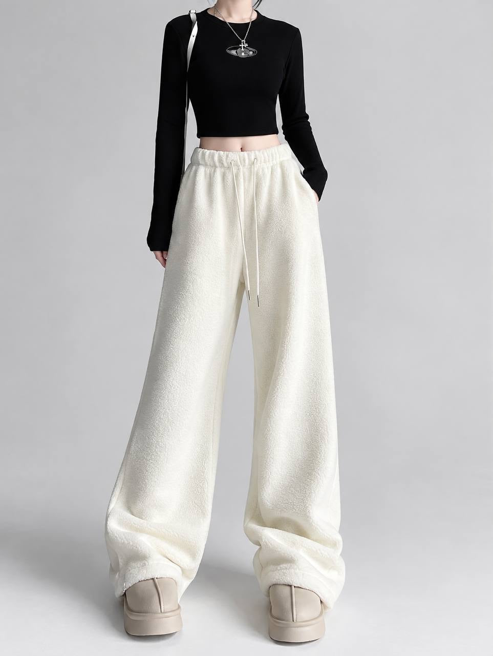 Textured Wide-Leg Pants With An Elastic Drawstring Waist – Cream